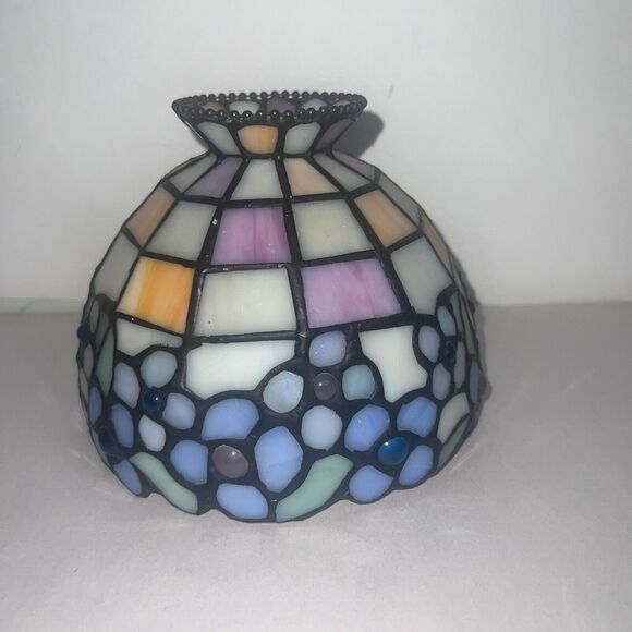 VTG Small Tiffany Style Stained Mosaic Glass Leaded Lamp Shade Slag Jeweled 6” - Picture 4 of 9
